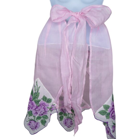 Vintage Handmade Sheer Pink Half Apron Floral Vintage Linen Hanky Trim & Pocket - Picture 2 of 11